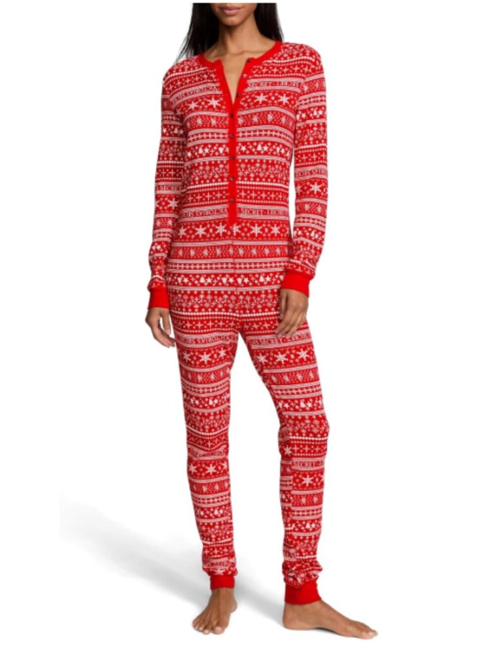 Victoria's Secret Red Fair Isle Thermal Long Sleeve One Piece Long Jane M